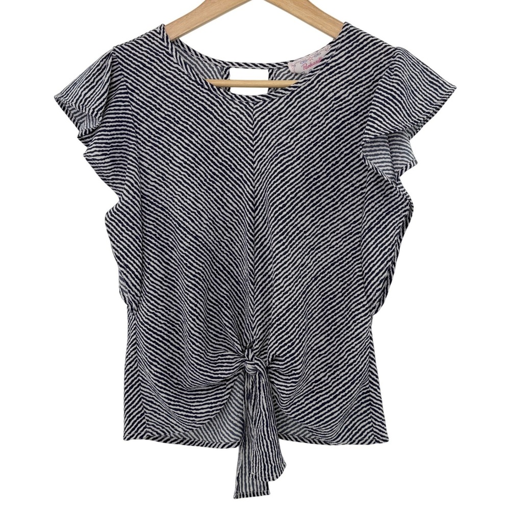 Panhandle Black White Striped Tie Front Flutter‎ Sleeve Top Women's Medium